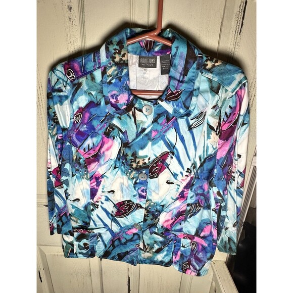 Additions By Chico’s Sz 2 Blue Purple Floral Pattern Button Down Jacket - Picture 10 of 10